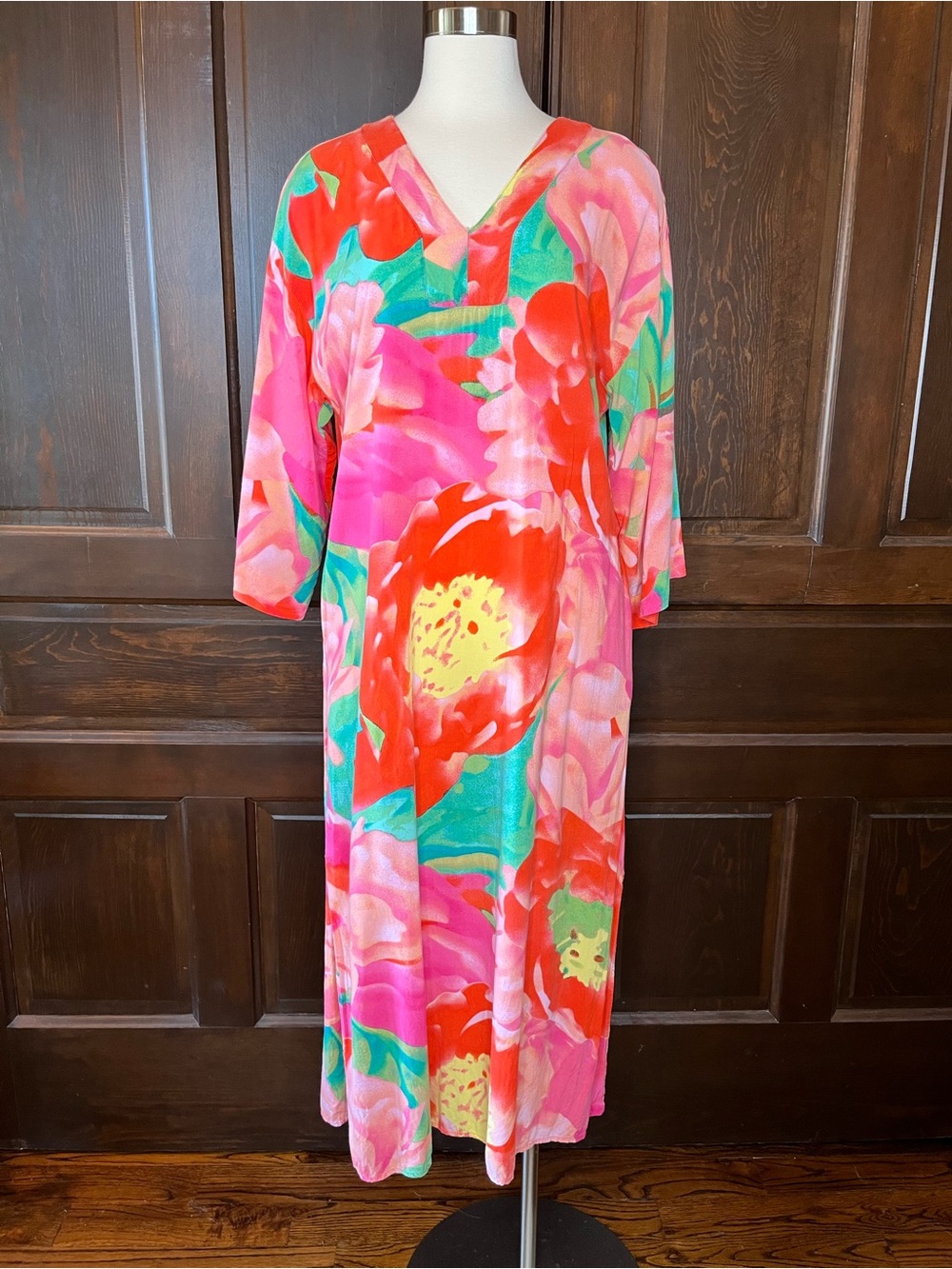 NATORI Caftan Pink Floral Women's S 3/4 Sleeves Resort Loungewear Maxi Dress